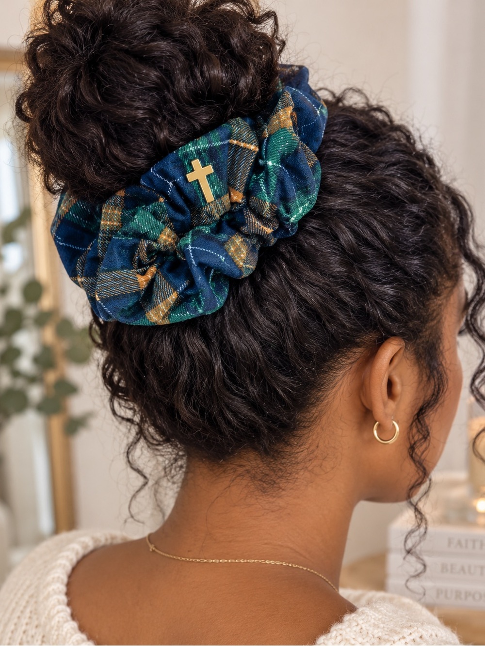 Preppy Plaid Scrunchie Christian Gold Cross Hair Accessory